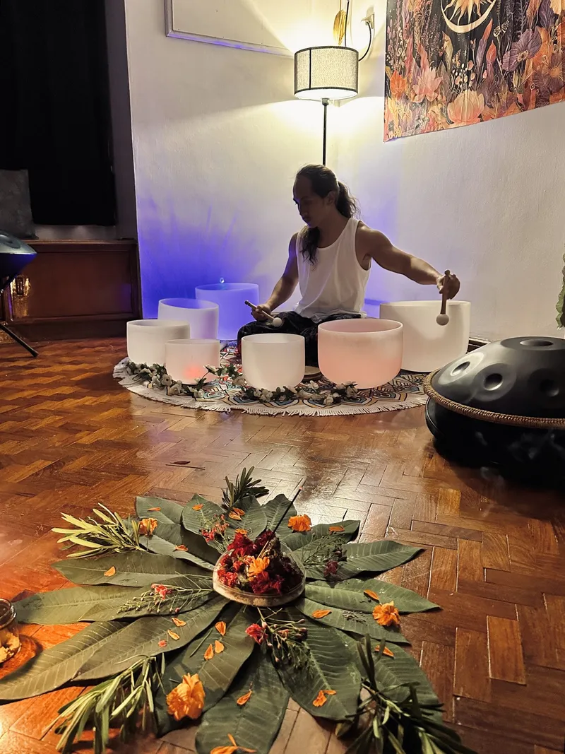 Crystal singing bowls arranged for a private sound healing session